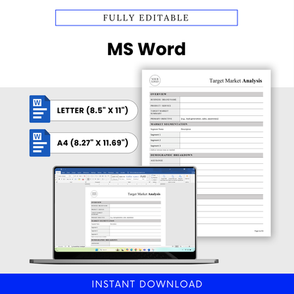 Fully editable Target Market Analysis Template Word format displayed on desktop, optimized for easy customization and branding. This simple Target Market Analysis Template is perfect for business owners who want a flexible, professional document they can edit and reuse.