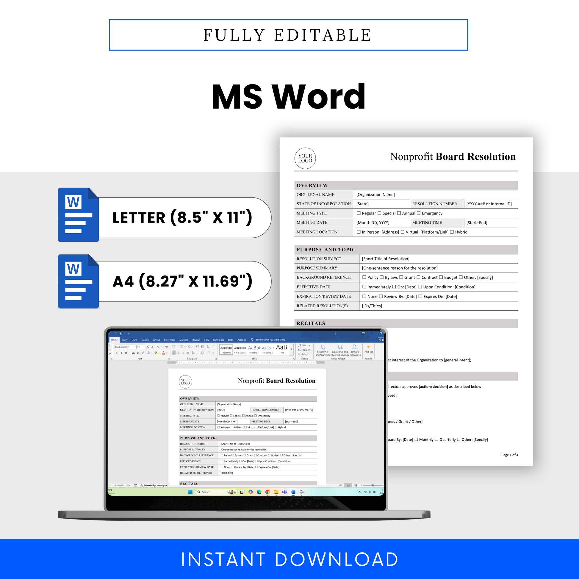 Editable nonprofit board resolution template in Microsoft Word format with US Letter and A4 sizes, customizable layout for nonprofit governance documentation