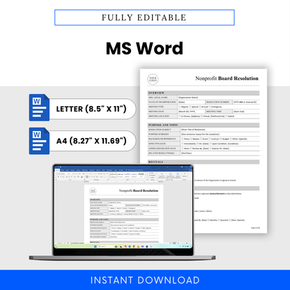 Editable nonprofit board resolution template in Microsoft Word format with US Letter and A4 sizes, customizable layout for nonprofit governance documentation