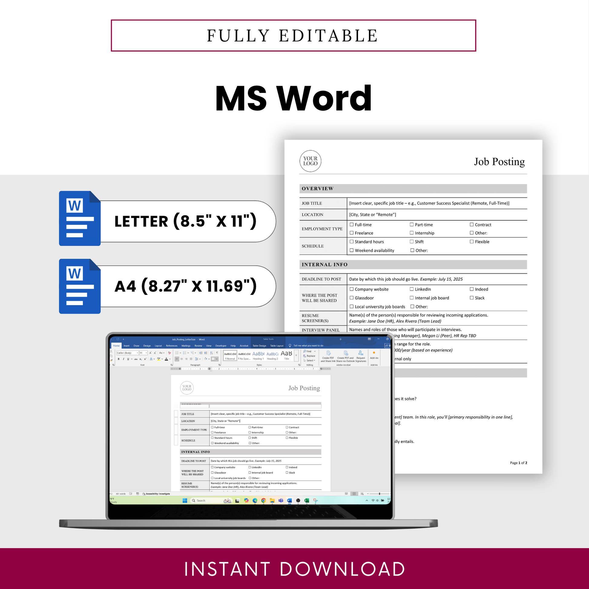 Editable job posting template in Microsoft Word format with US Letter and A4 sizes, showcasing customizable HR hiring document for professional recruitment workflows