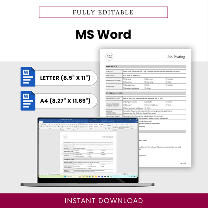 Editable job posting template in Microsoft Word format with US Letter and A4 sizes, showcasing customizable HR hiring document for professional recruitment workflows