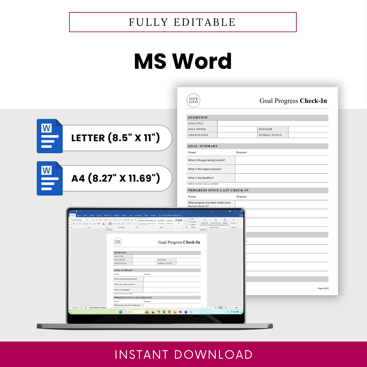 Fully editable goal progress check-in template in Microsoft Word format with US Letter and A4 sizes, customizable layout for business reporting and team tracking