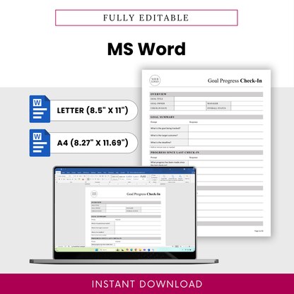Fully editable goal progress check-in template in Microsoft Word format with US Letter and A4 sizes, customizable layout for business reporting and team tracking