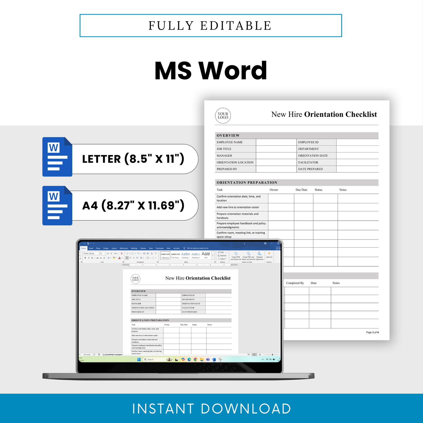 Editable new hire onboarding checklist shown in Microsoft Word format with US Letter and A4 sizes, customizable branding, professional HR document template