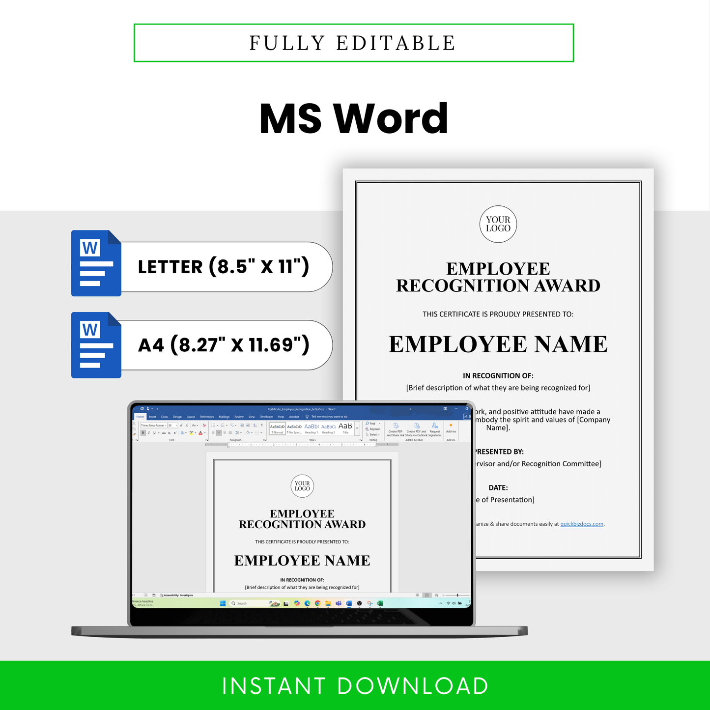 Fully editable employee recognition certificate in Microsoft Word format with US Letter and A4 sizes, easy customization, add logo and text, professional layout