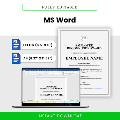 Fully editable employee recognition certificate in Microsoft Word format with US Letter and A4 sizes, easy customization, add logo and text, professional layout