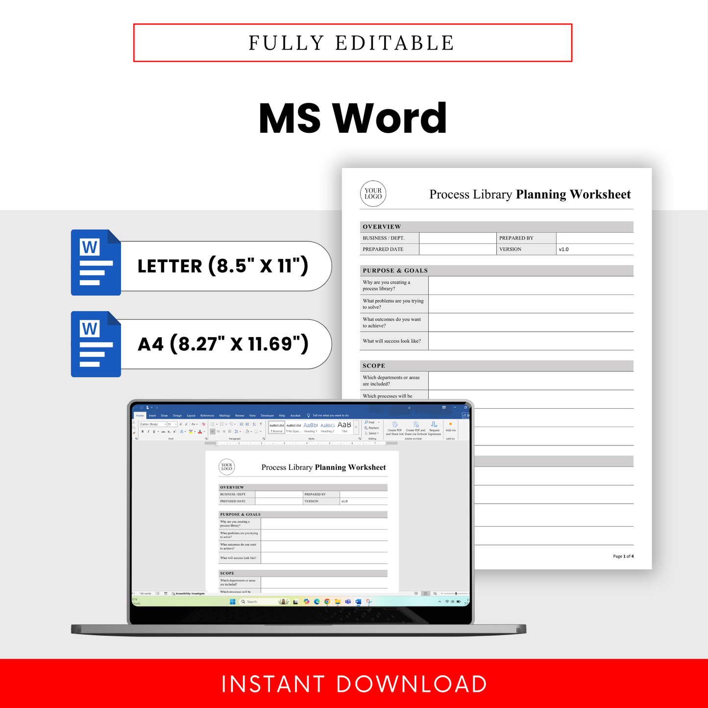 editable process library template in Microsoft Word format, letter and A4 sizes, customizable business workflow document for SOP creation and process planning