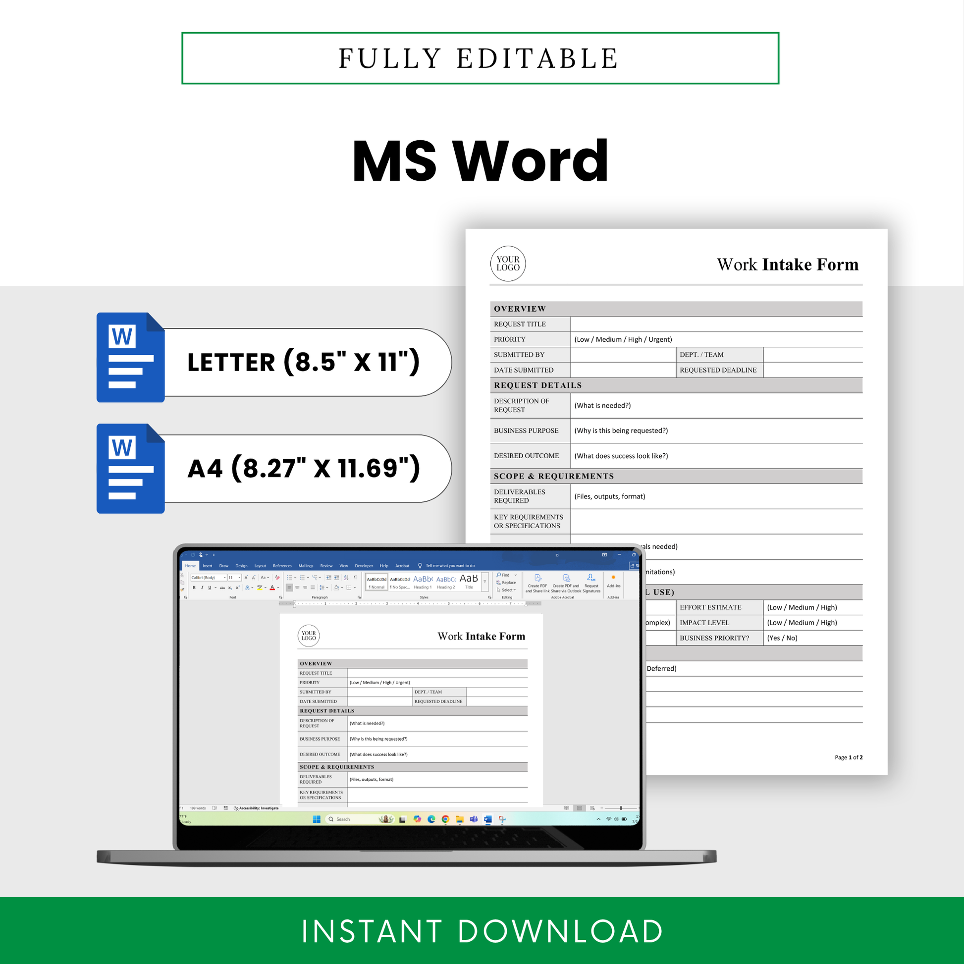 Editable work intake form template in Microsoft Word format with letter and A4 sizes, customizable business document for project intake and workflow management