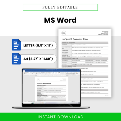 Nonprofit Business Plan Template shown open in Microsoft Word on a laptop. Includes two size options: Letter (8.5 x 11) and A4 (8.27 x 11.69). Fully editable format with structured fields.