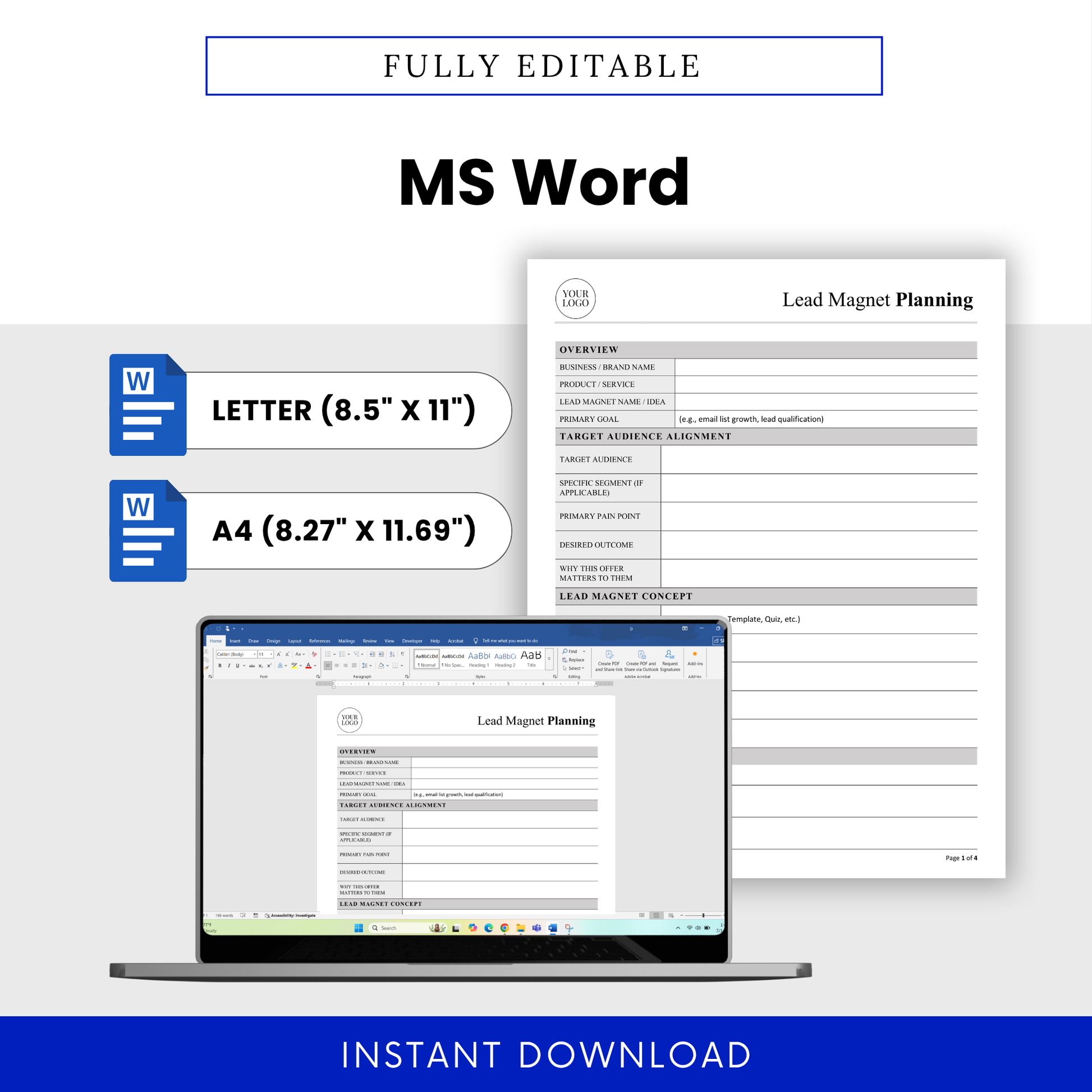 Editable Lead Magnet Planning Template Word displayed on a laptop screen with US Letter and A4 sizing options. This professional business template is fully customizable, making it ideal for entrepreneurs, coaches, and marketers who want a flexible planning document.