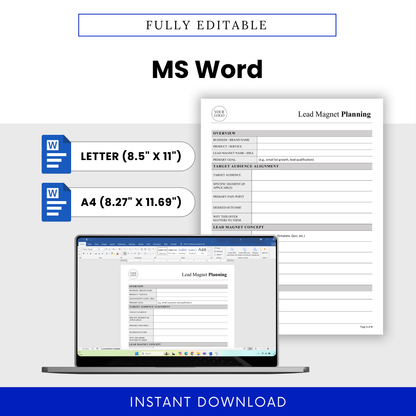 Editable Lead Magnet Planning Template Word displayed on a laptop screen with US Letter and A4 sizing options. This professional business template is fully customizable, making it ideal for entrepreneurs, coaches, and marketers who want a flexible planning document.