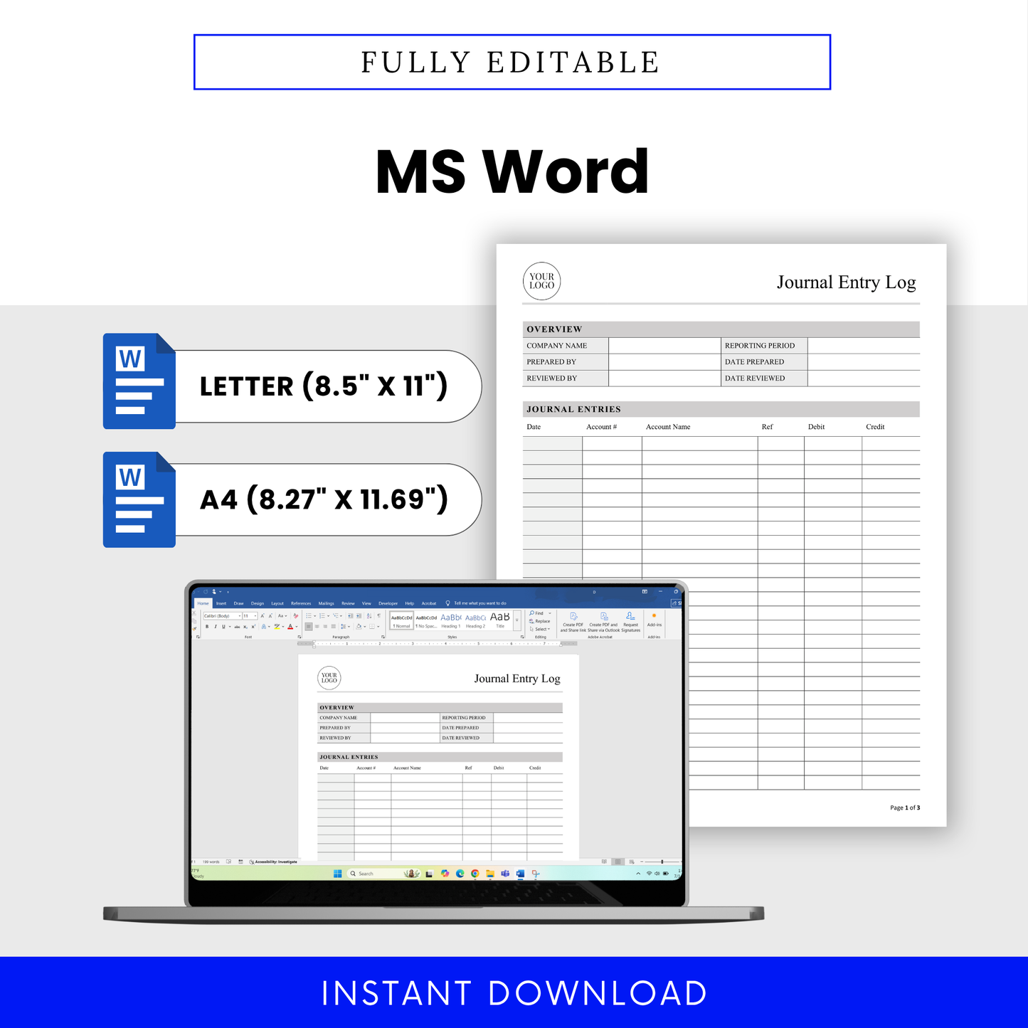 Editable journal entry log template shown in Microsoft Word format with letter and A4 sizes, customizable accounting worksheet for bookkeeping and finance tracking