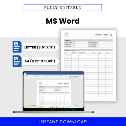 Editable journal entry log template shown in Microsoft Word format with letter and A4 sizes, customizable accounting worksheet for bookkeeping and finance tracking