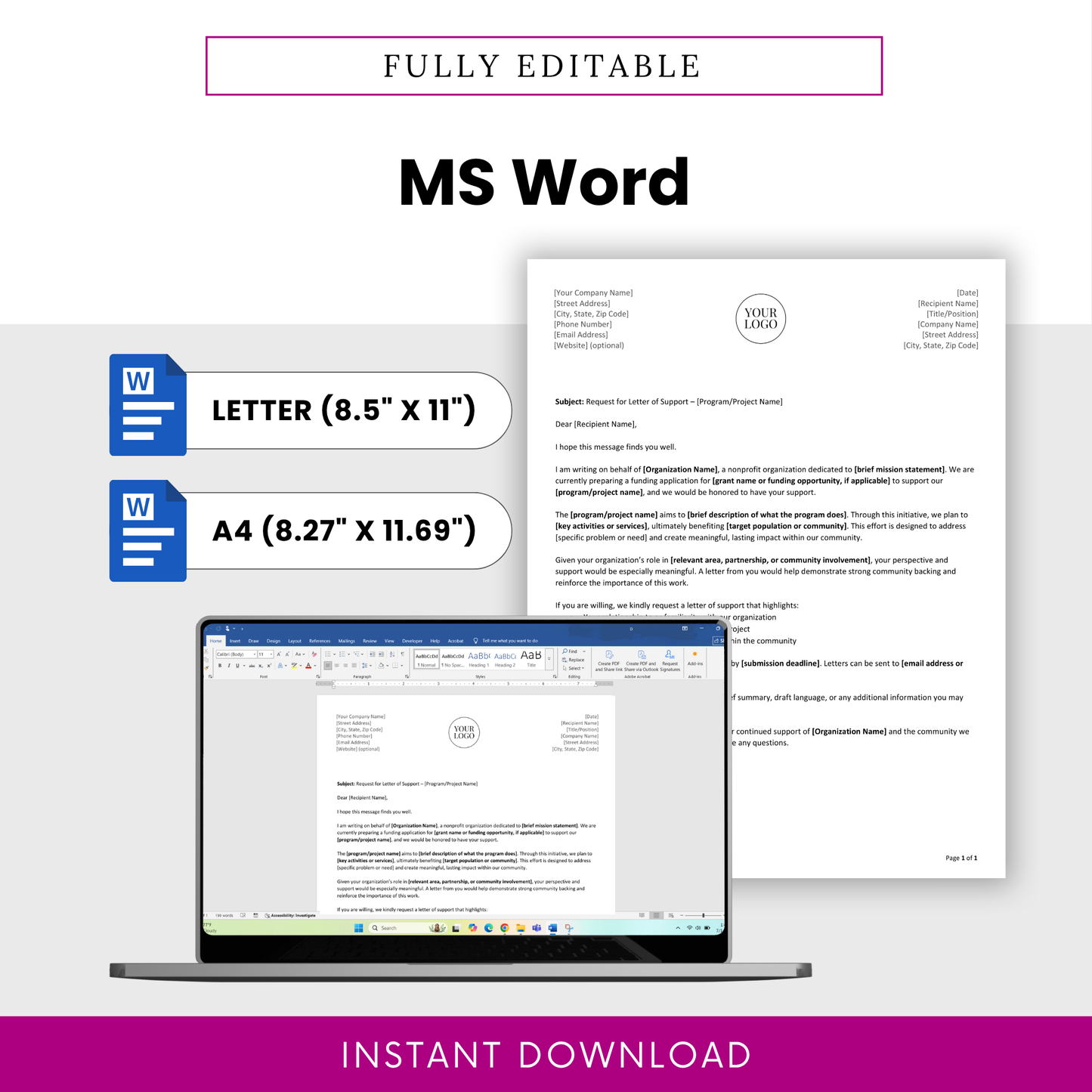 Nonprofit Letter of Support Template Word file shown in both US Letter and A4 sizes with editable formatting in Microsoft Word. This printable Letter of Support Template PDF and Word version is ideal for small businesses, nonprofits, and teams needing a flexible, professional document for immediate use.