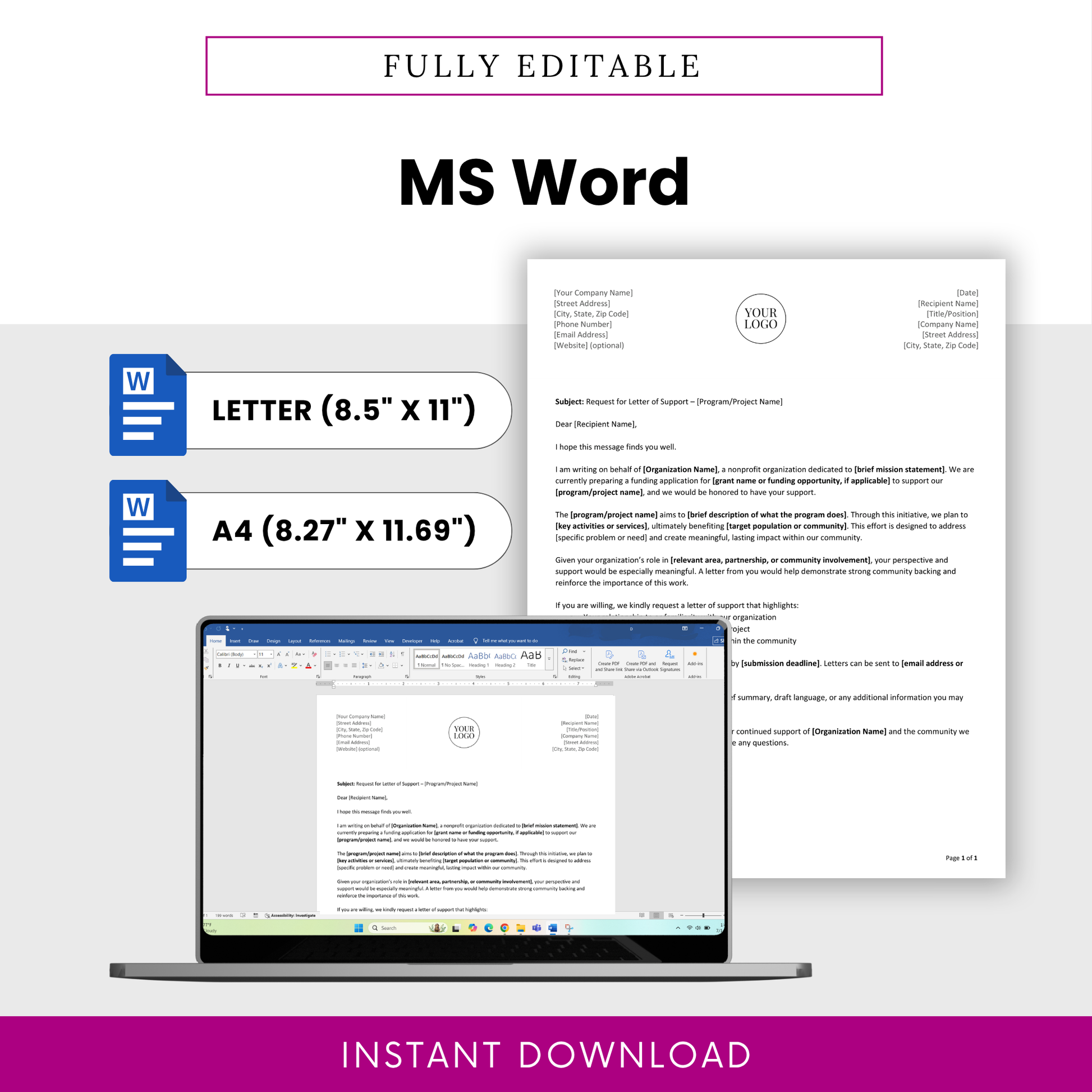 Nonprofit Letter of Support Template Word file shown in both US Letter and A4 sizes with editable formatting in Microsoft Word. This printable Letter of Support Template PDF and Word version is ideal for small businesses, nonprofits, and teams needing a flexible, professional document for immediate use.