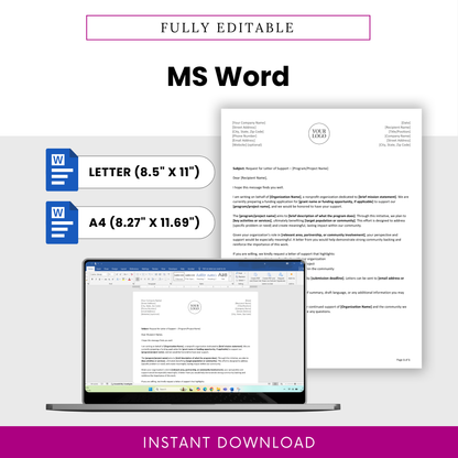 Nonprofit Letter of Support Template Word file shown in both US Letter and A4 sizes with editable formatting in Microsoft Word. This printable Letter of Support Template PDF and Word version is ideal for small businesses, nonprofits, and teams needing a flexible, professional document for immediate use.