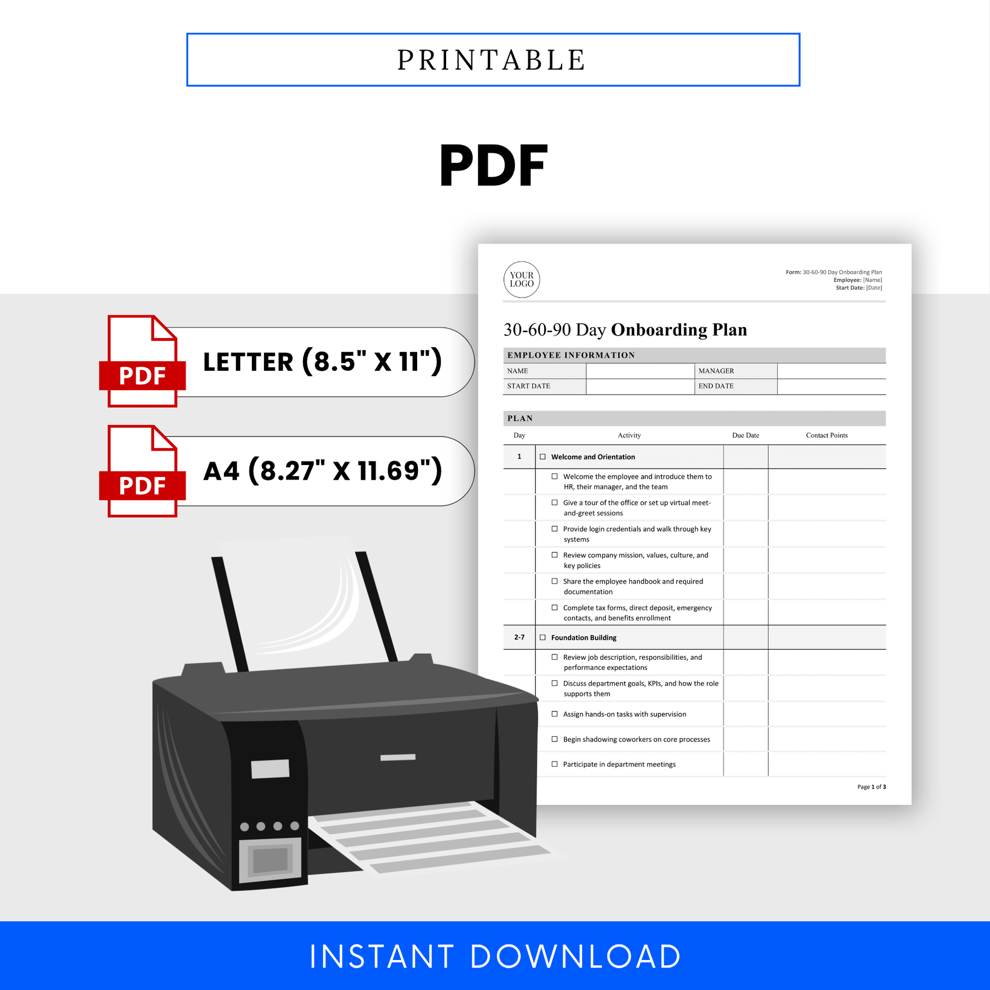 printable onboarding plan PDF template, employee onboarding checklist printable document, HR onboarding plan A4 US letter sizes, instant download business template