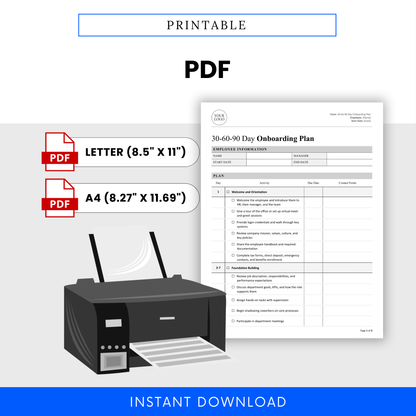printable onboarding plan PDF template, employee onboarding checklist printable document, HR onboarding plan A4 US letter sizes, instant download business template