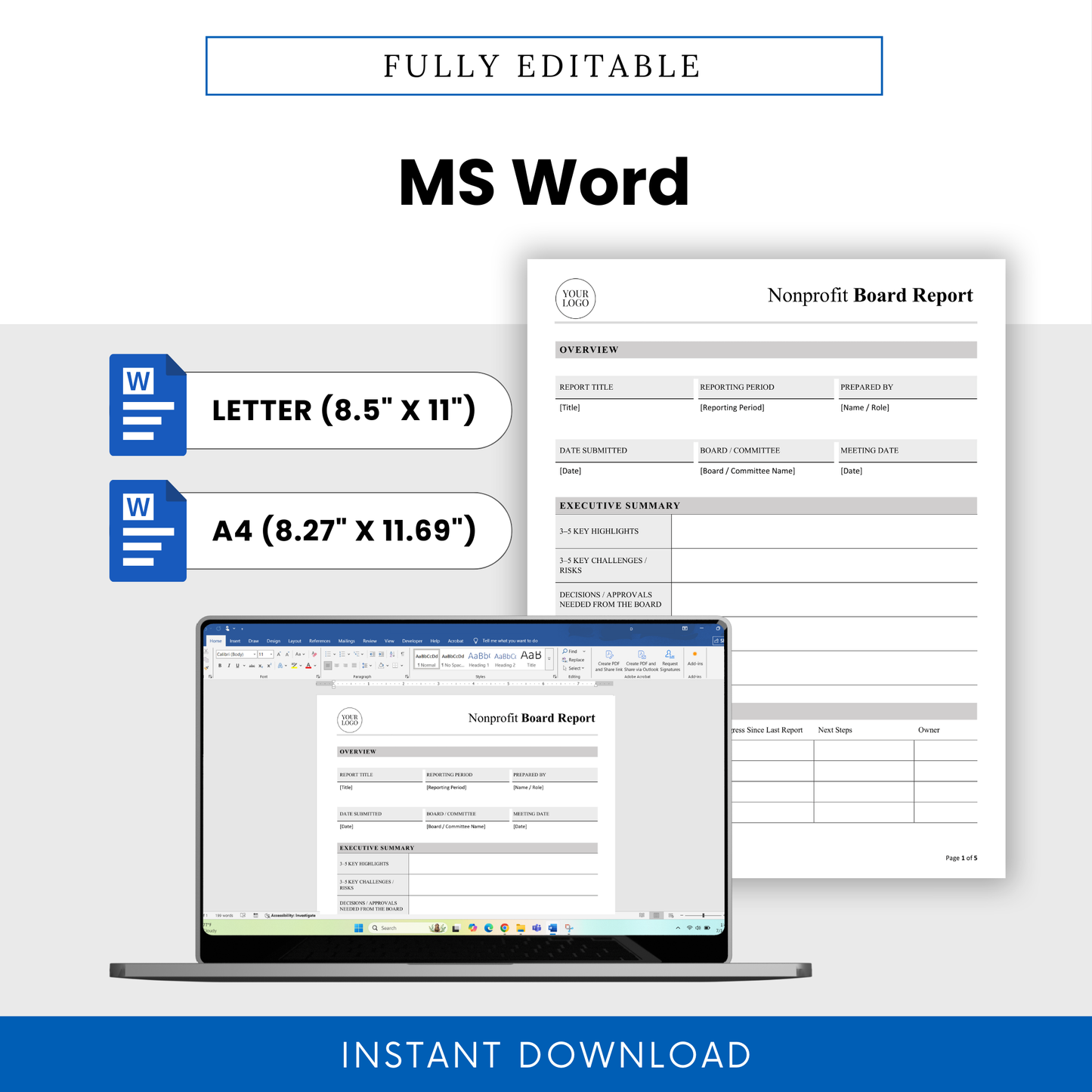 Fully editable nonprofit board report template in Microsoft Word format with US Letter and A4 size options, featuring a customizable board report layout for nonprofit organizations, board committees, executive summaries, and strategic reporting