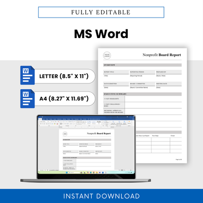 Fully editable nonprofit board report template in Microsoft Word format with US Letter and A4 size options, featuring a customizable board report layout for nonprofit organizations, board committees, executive summaries, and strategic reporting