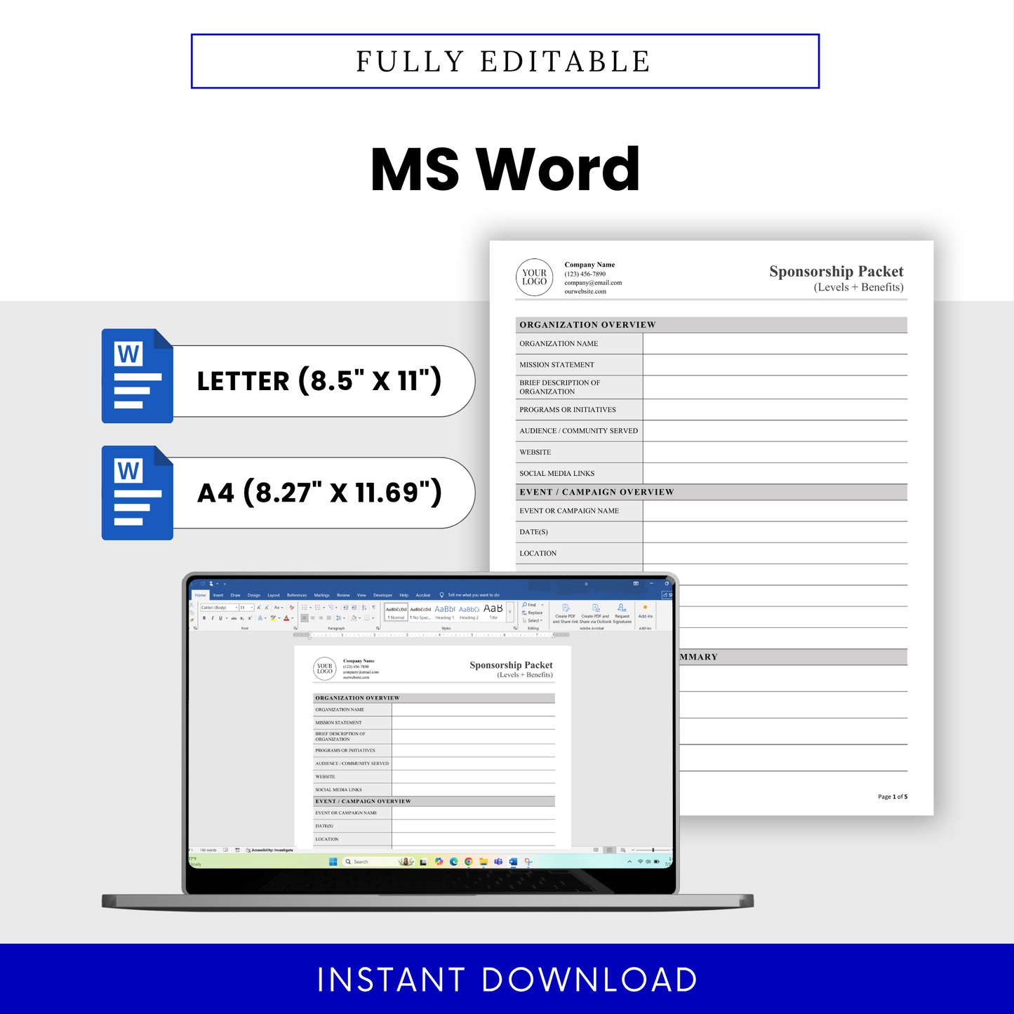 Nonprofit Sponsorship Packet Template Word format displayed on laptop with US Letter and A4 sizing options for easy editing. This fully editable Sponsorship Packet Template is ideal for nonprofits needing a customizable business template for fundraising and sponsor outreach.
