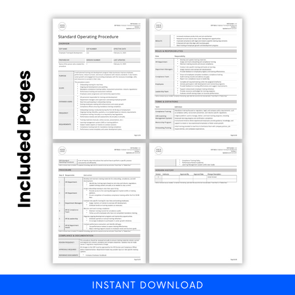 Employee Training & Development SOP template showcasing four included pages. Features structured sections such as overview, roles and responsibilities, terms and definitions, procedures, compliance documentation, and version history. 'Included Pages' text on the left highlights the document's comprehensive nature, with an 'Instant Download' banner at the bottom.