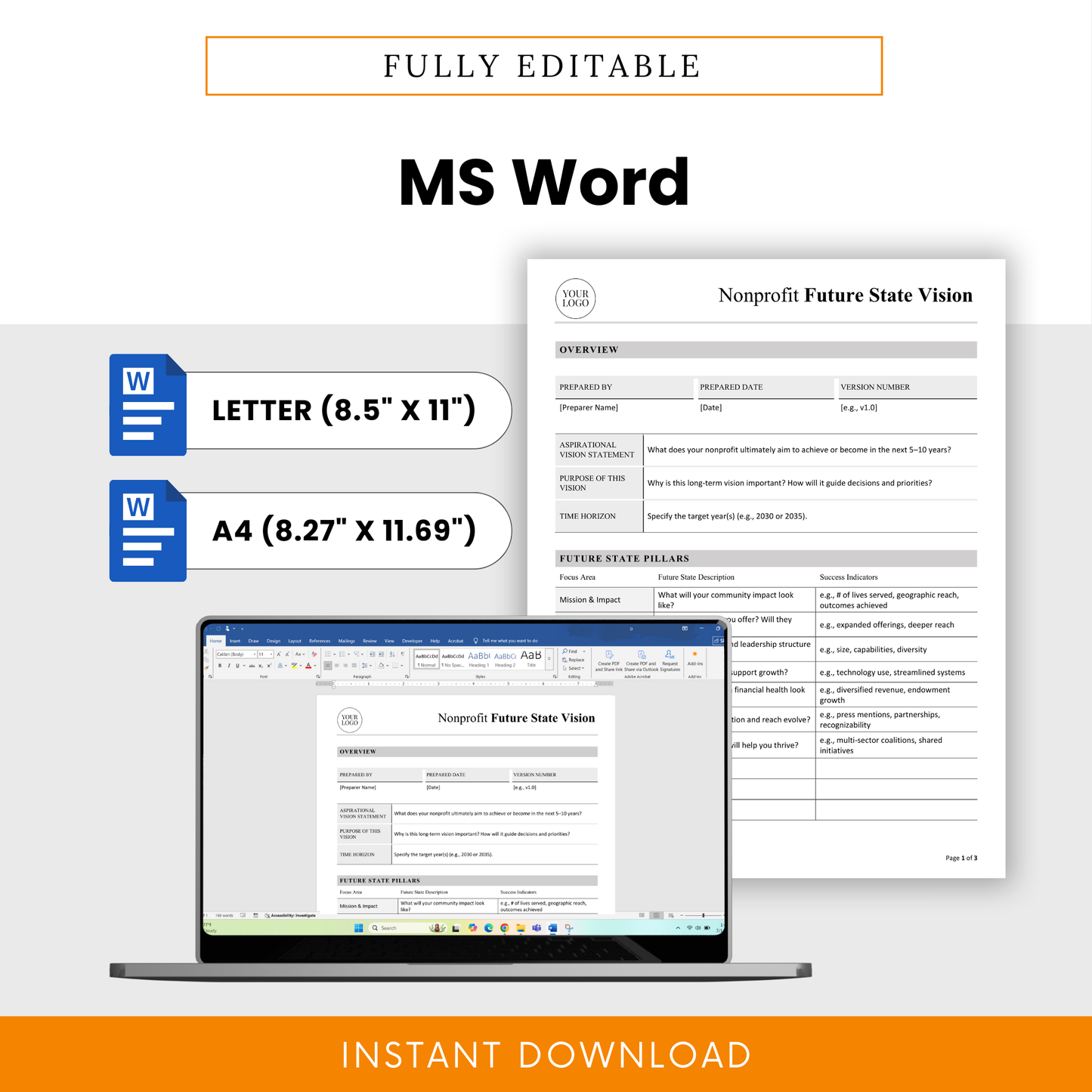 Nonprofit vision template available in Microsoft Word format with US Letter and A4 sizes, fully customizable layout for strategic planning and organizational development