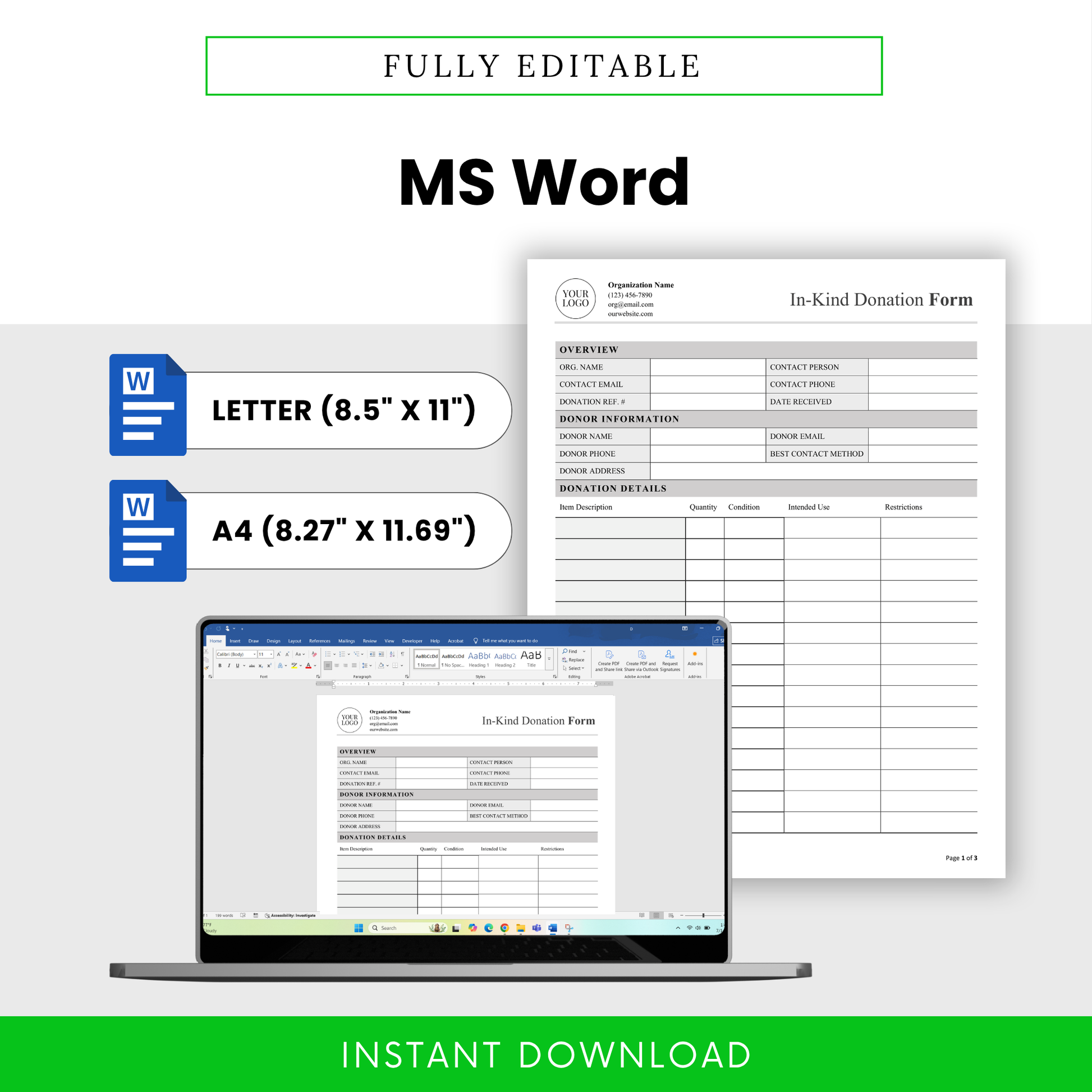 In-Kind Donation Form Template Word format shown on screen with US Letter and A4 sizes for easy editing and customization. This simple donation form template is ideal for nonprofit teams, managers, and organizations needing a fully editable business document.