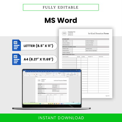 In-Kind Donation Form Template Word format shown on screen with US Letter and A4 sizes for easy editing and customization. This simple donation form template is ideal for nonprofit teams, managers, and organizations needing a fully editable business document.