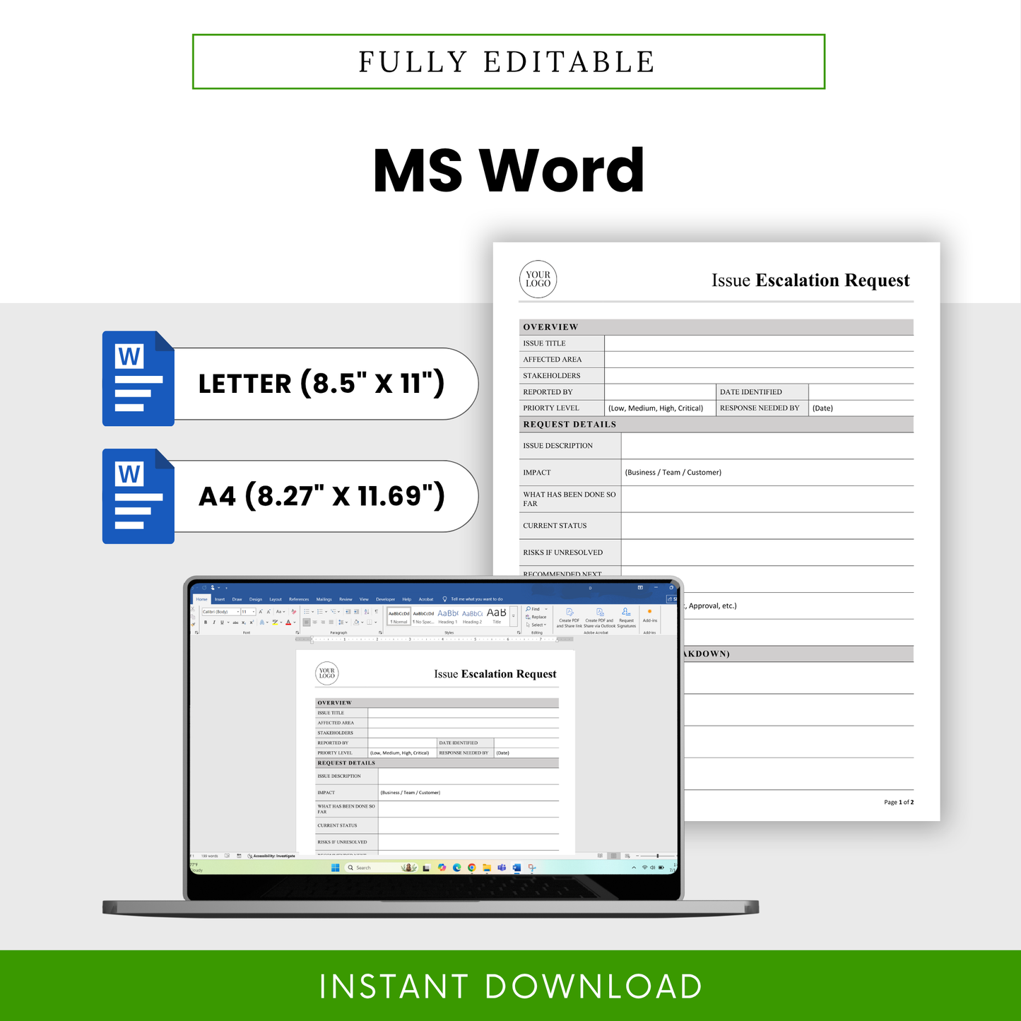 Editable issue escalation template in Microsoft Word format with letter and A4 sizes for easy customization and professional reporting