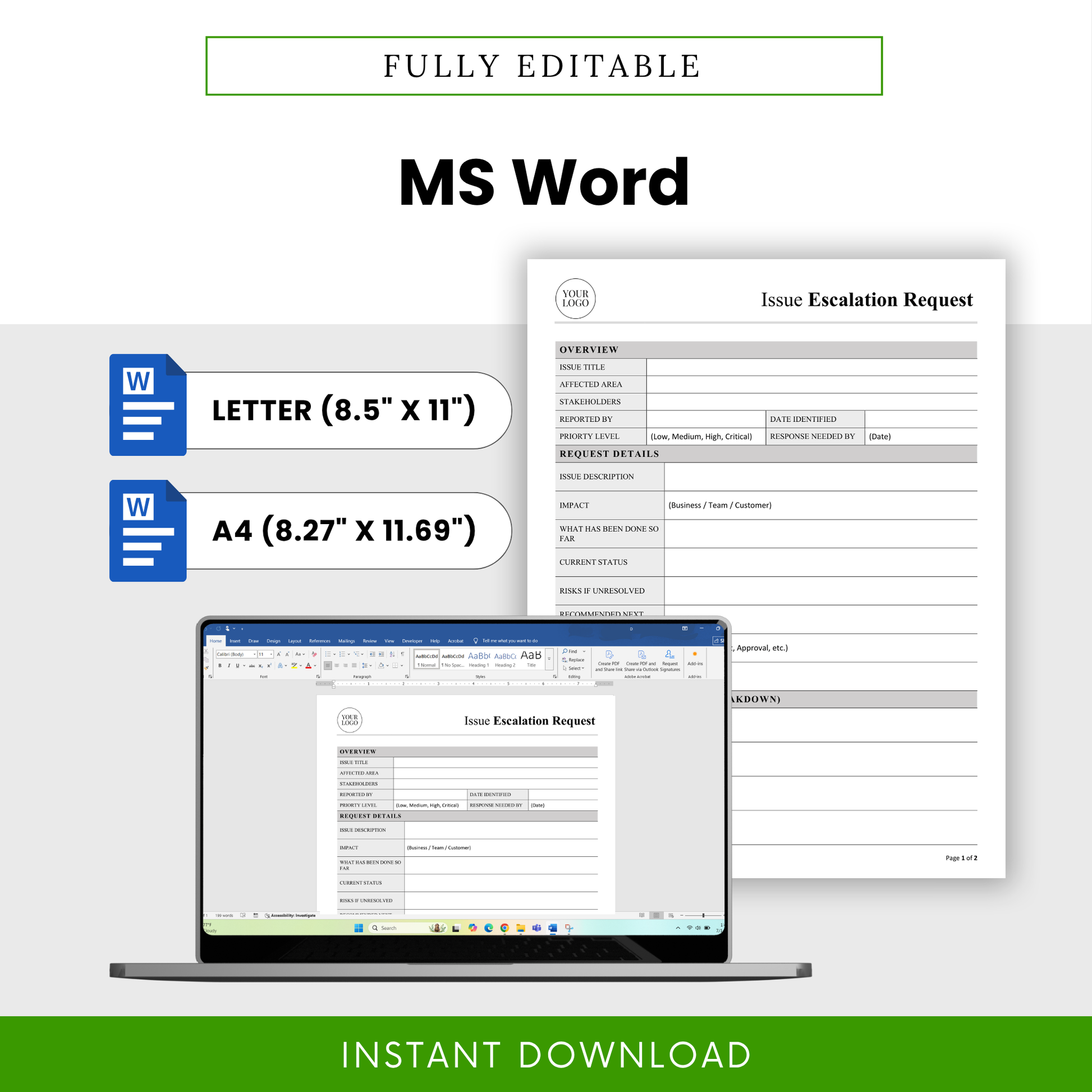 Editable issue escalation template in Microsoft Word format with letter and A4 sizes for easy customization and professional reporting