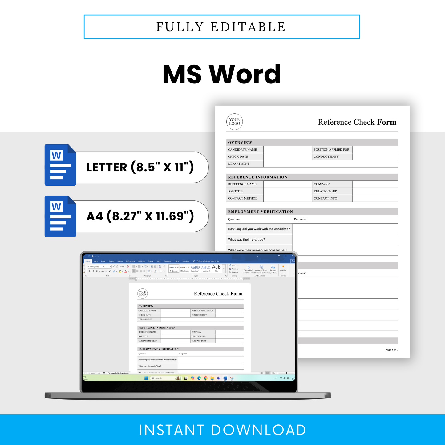 Editable reference check form template in Microsoft Word format, HR hiring document customizable layout, letter and A4 size business template preview