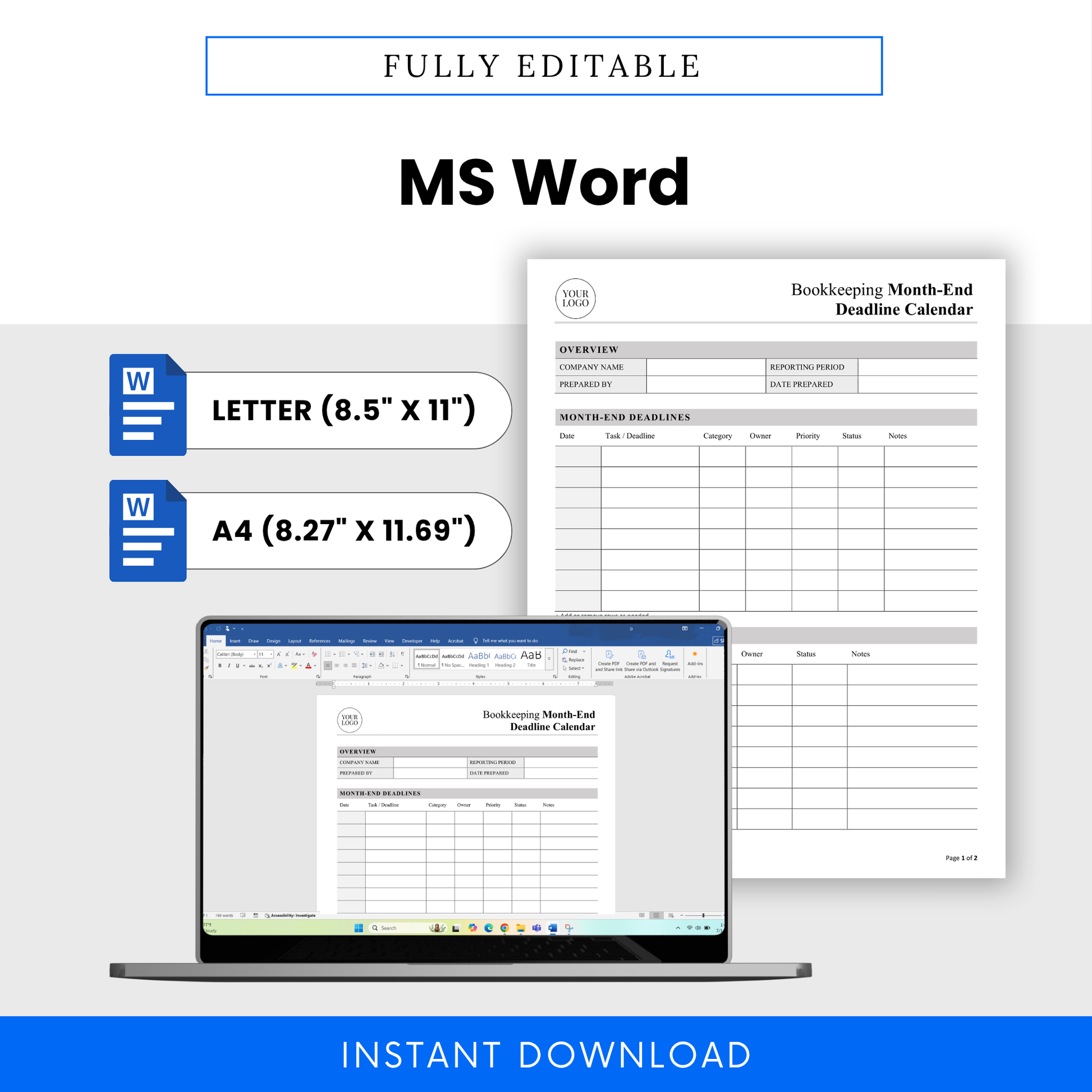 Editable bookkeeping template in Microsoft Word, month-end close checklist, accounting workflow planner, customizable finance tracker for bookkeepers and small business