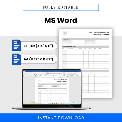Editable bookkeeping template in Microsoft Word, month-end close checklist, accounting workflow planner, customizable finance tracker for bookkeepers and small business