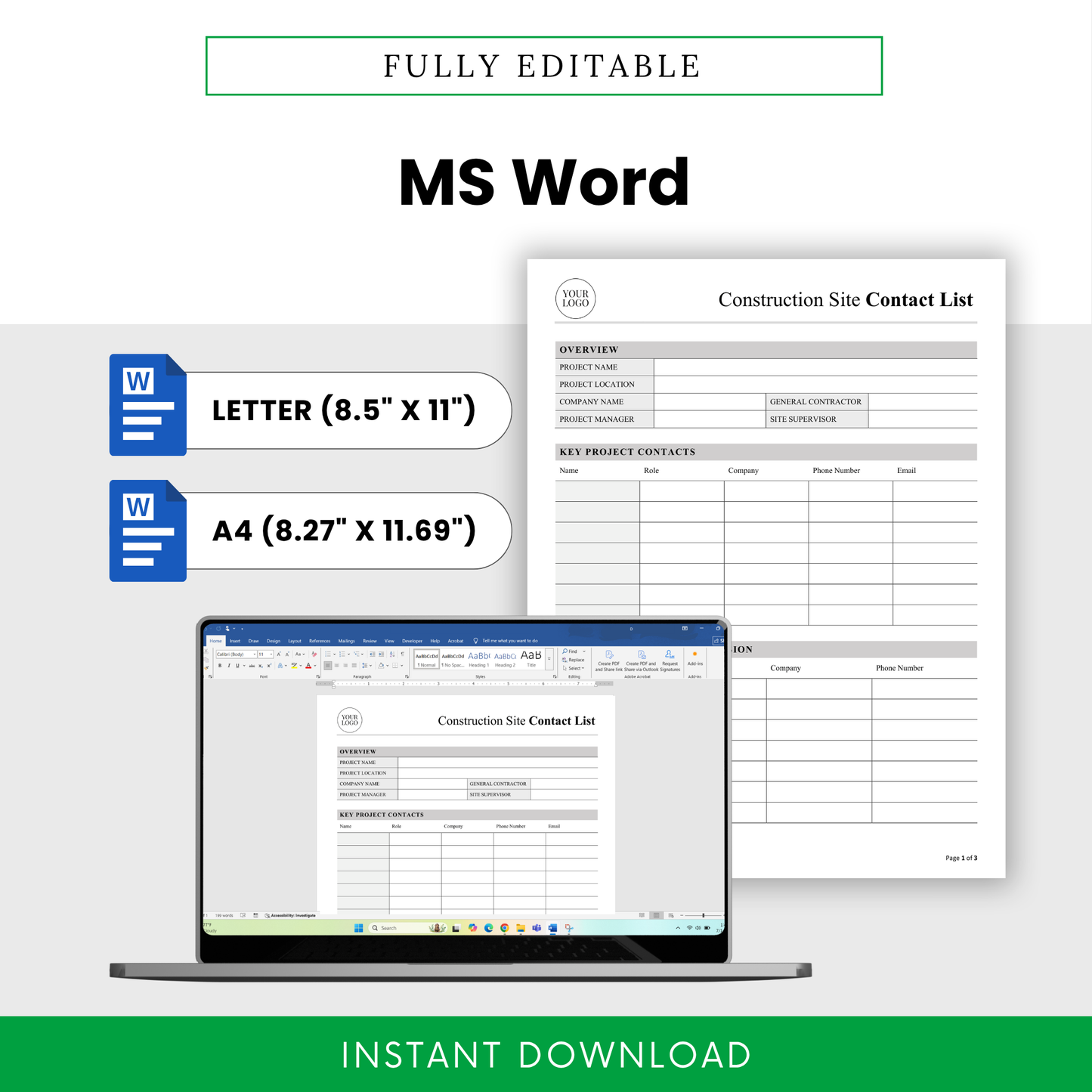 construction template editable in microsoft word, contractor contact list document on laptop screen, letter and a4 sizes, customizable construction paperwork