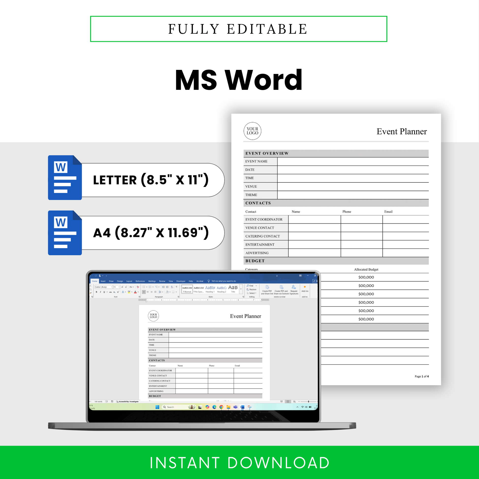 Editable event planner template in Microsoft Word format with US Letter and A4 sizes, customizable layout for branding, professional event planning document for easy editing and organization