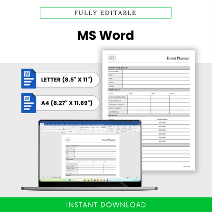 Editable event planner template in Microsoft Word format with US Letter and A4 sizes, customizable layout for branding, professional event planning document for easy editing and organization