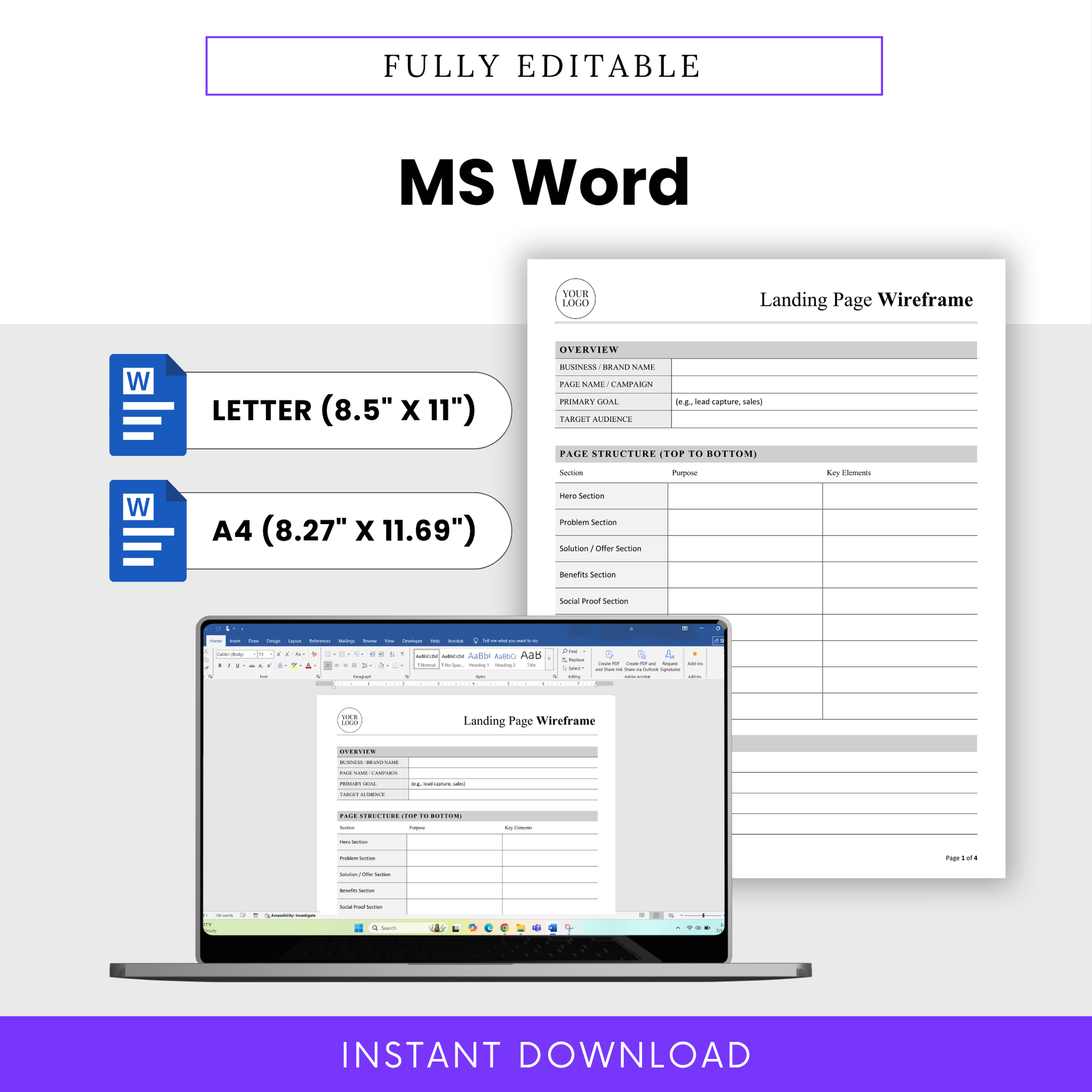 Landing Page Wireframe Template Word shown in an editable Microsoft Word format with Letter and A4 sizing. This Simple Landing Page Wireframe Template is ideal for small businesses and teams who want a customizable, professional landing page planning tool.
