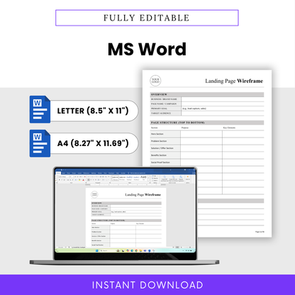 Landing Page Wireframe Template Word shown in an editable Microsoft Word format with Letter and A4 sizing. This Simple Landing Page Wireframe Template is ideal for small businesses and teams who want a customizable, professional landing page planning tool.
