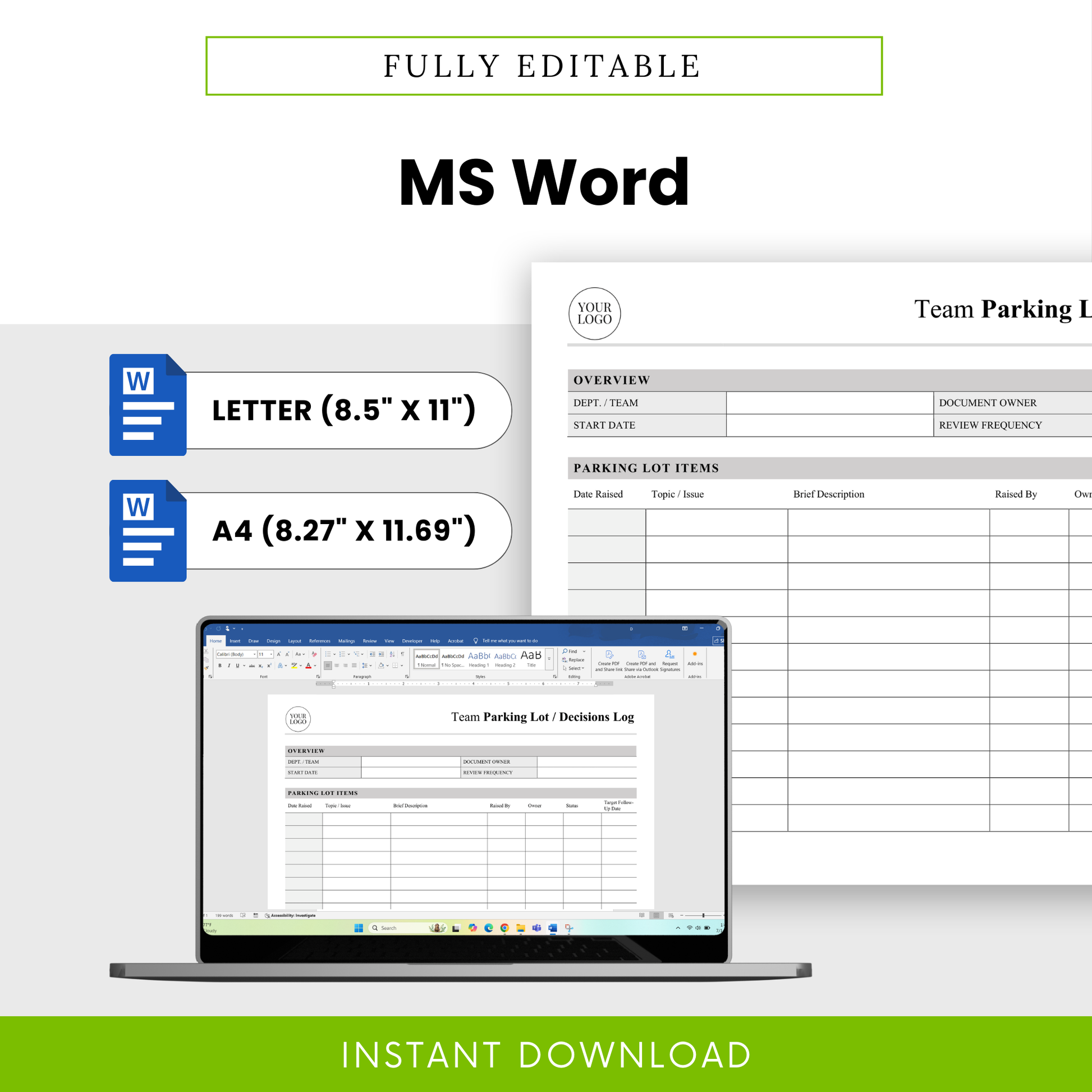 Fully editable Microsoft Word team parking lot template with US Letter and A4 sizes, professional layout for tracking meeting notes, action items, and decisions