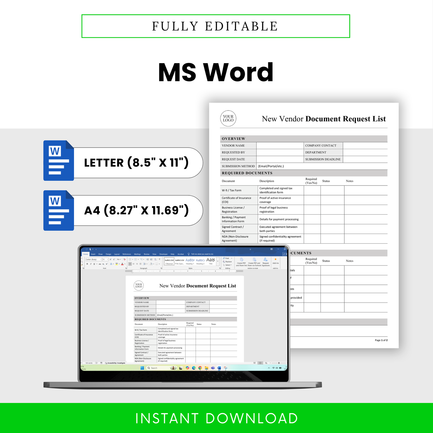 Vendor Document Request Template Word format displayed on screen, fully editable and customizable for branding and workflow needs. This business template is perfect for teams managing vendor onboarding and supplier documentation in Microsoft Word.