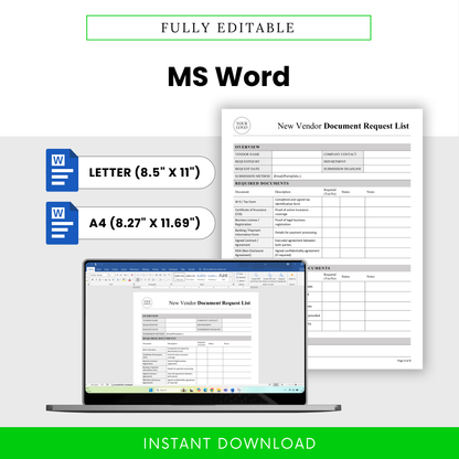 Vendor Document Request Template Word format displayed on screen, fully editable and customizable for branding and workflow needs. This business template is perfect for teams managing vendor onboarding and supplier documentation in Microsoft Word.