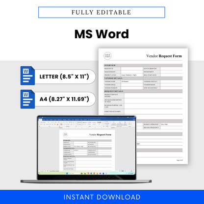 Fully editable Vendor Request Form template in Microsoft Word format, designed for easy editing, branding customization, and professional business use.