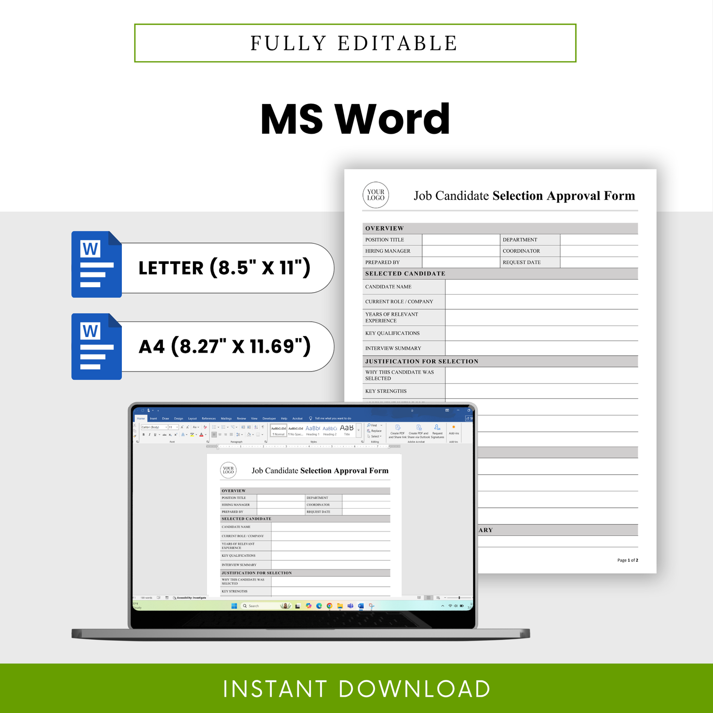 Job Candidate Selection Approval Template Word shown in Microsoft Word format with fully editable fields and layouts. This simple hiring template is perfect for HR teams and small business owners who want a customizable and professional recruitment document.