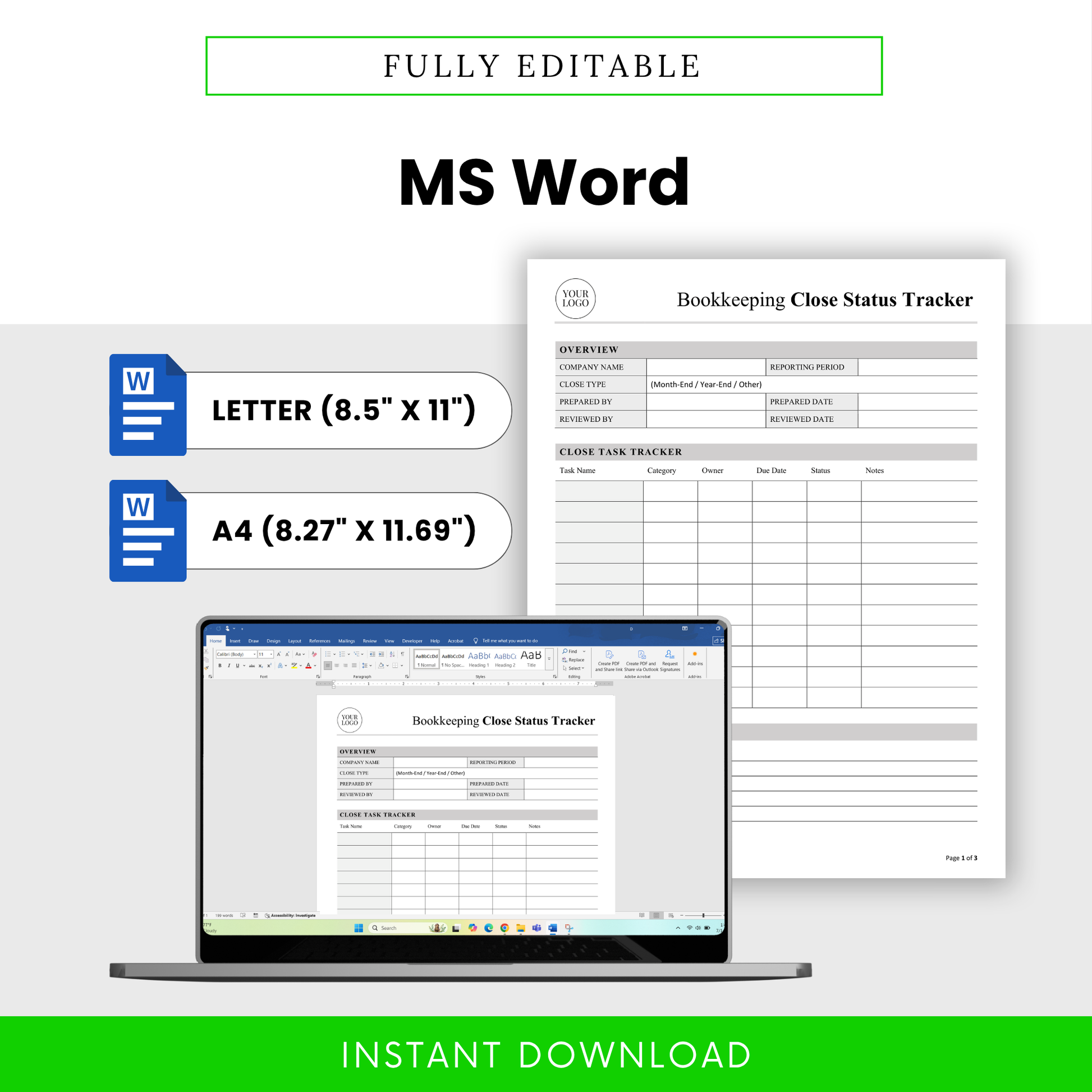 Editable bookkeeping tracker template in Microsoft Word format with letter and A4 sizes, customizable accounting workflow document for financial close tracking