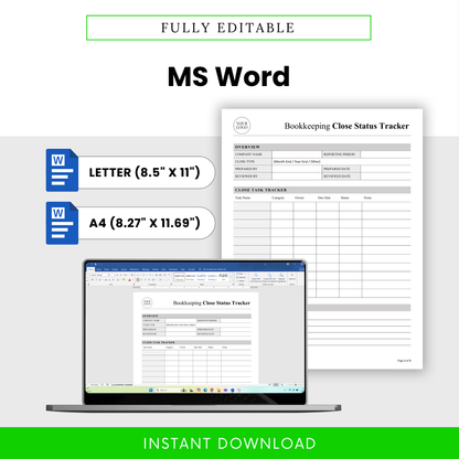 Editable bookkeeping tracker template in Microsoft Word format with letter and A4 sizes, customizable accounting workflow document for financial close tracking