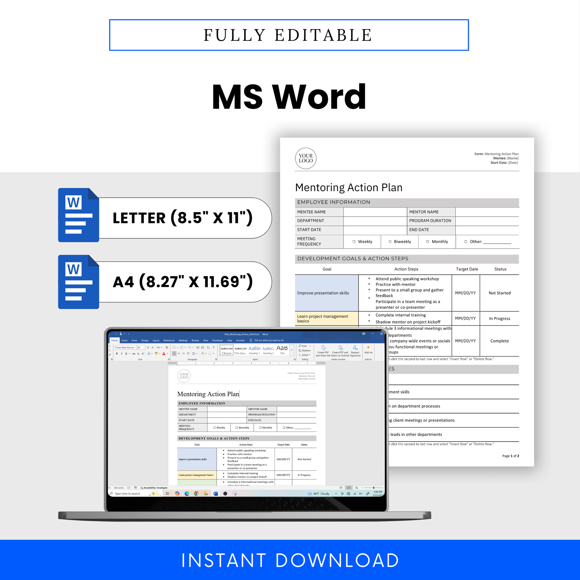 Fully editable Mentoring Action Plan Template in Microsoft Word format. Available in US Letter (8.5” x 11”) and A4 (8.27” x 11.69”) sizes. Displayed on laptop screen and previewed with structured sections for goal setting, progress tracking, support resources, and reflections. Designed for workplace mentoring, leadership programs, and employee development. Easily customizable and ready for branding. Instant digital download for HR teams, managers, and mentors.