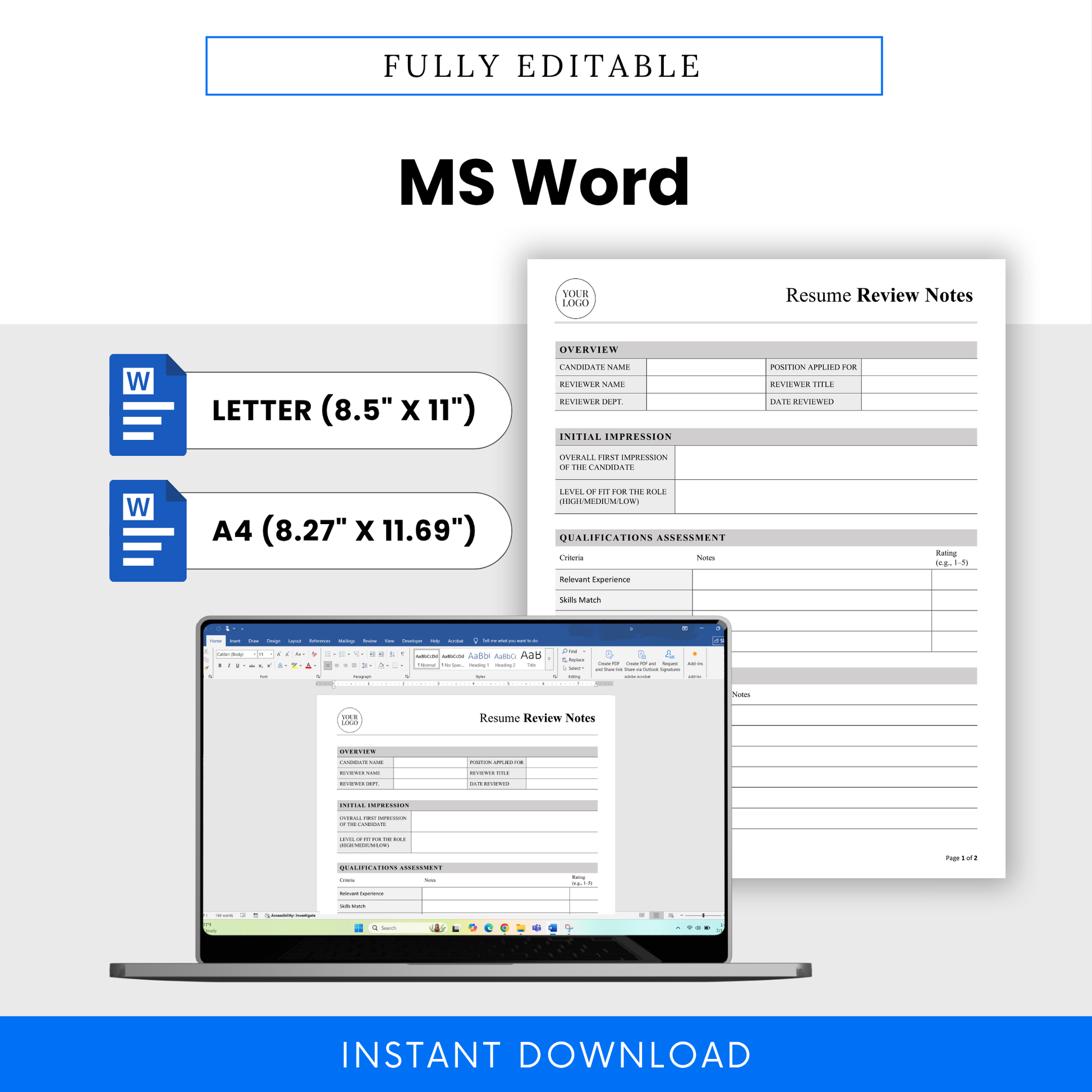 Fully editable resume review template in Microsoft Word format, letter and A4 sizes, customizable HR hiring document, recruiter evaluation form, professional hiring template