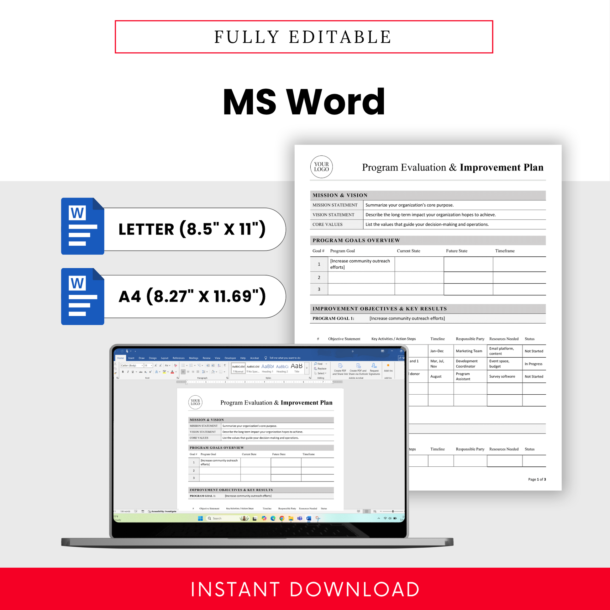 Editable nonprofit program evaluation template in Microsoft Word format with letter and A4 sizes, customizable layout for planning and tracking programs