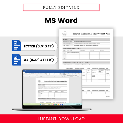 Editable nonprofit program evaluation template in Microsoft Word format with letter and A4 sizes, customizable layout for planning and tracking programs